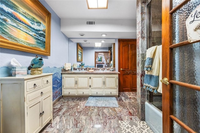 160 Yosemite Dr, Big Bear City, CA 92314 - bathroom featuring marble finish floors, vanity, a bathtub, and a shower