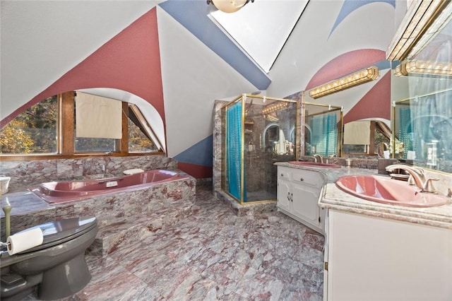 160 Yosemite Dr, Big Bear City, CA 92314 - full bath featuring marble finish floors, vanity, a shower stall, and a garden tub