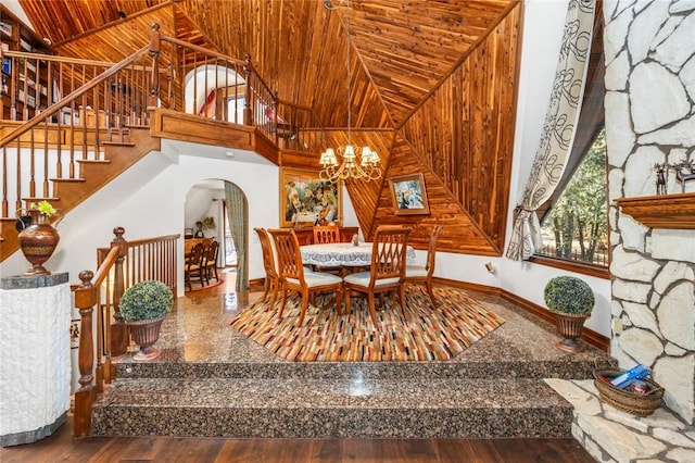 dining space with hardwood / wood-style flooring, high vaulted ceiling, wooden ceiling, and a notable chandelier