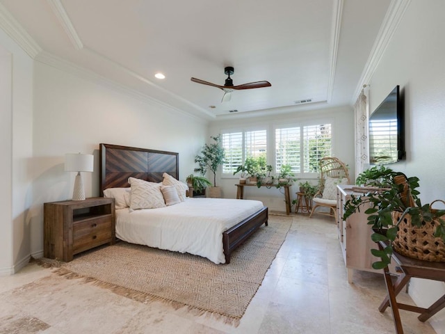 tiled bedroom featuring a tray ceiling, ceiling fan, and crown molding