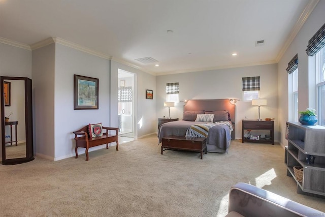 carpeted bedroom with ornamental molding