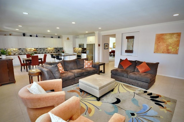 tiled living room with ornamental molding