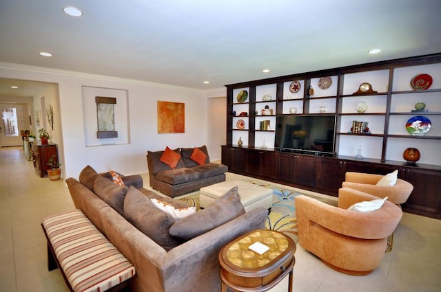 tiled living room featuring crown molding