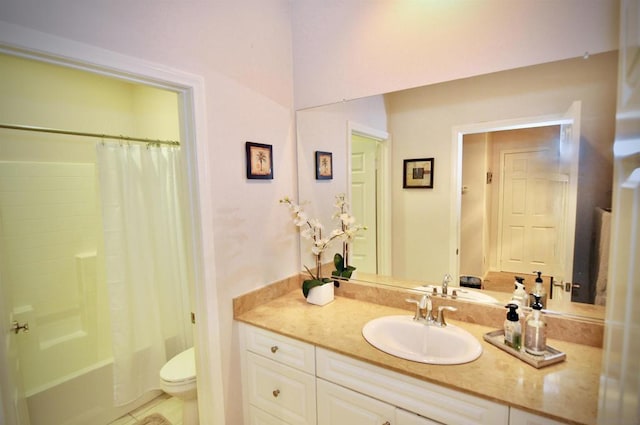 full bathroom featuring vanity, toilet, and shower / bathtub combination with curtain