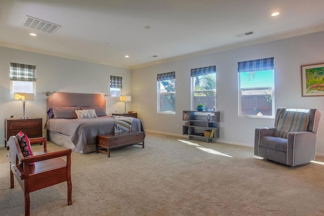 carpeted bedroom featuring crown molding