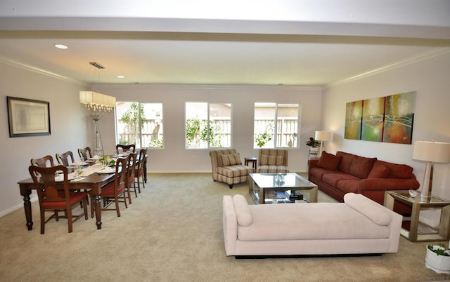 living room with light colored carpet and ornamental molding