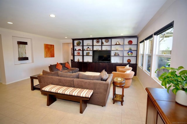 tiled living room featuring ornamental molding