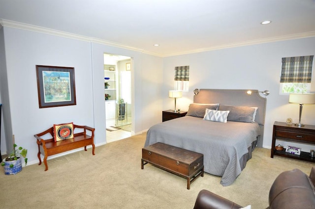 carpeted bedroom with crown molding