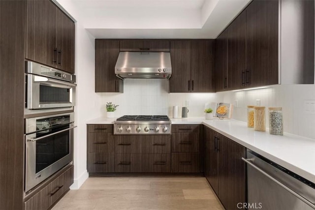 kitchen with appliances with stainless steel finishes, light countertops, ventilation hood, and tasteful backsplash