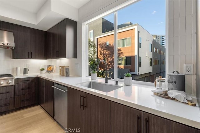 kitchen with dark brown cabinetry, appliances with stainless steel finishes, range hood, light countertops, and a sink