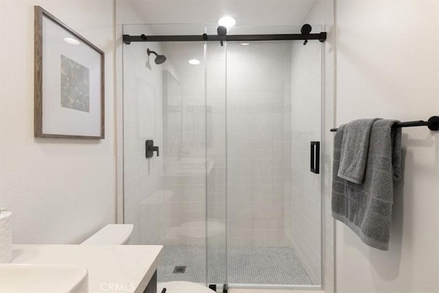 full bath featuring a shower stall, vanity, and toilet