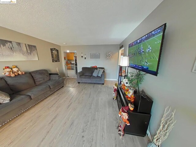 living room featuring a textured ceiling and light wood-type flooring