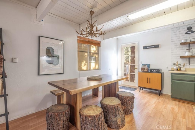 dining room with a chandelier, beam ceiling, wooden ceiling, and light hardwood / wood-style flooring