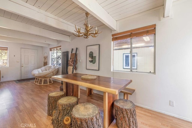 dining room with a notable chandelier, a healthy amount of sunlight, light hardwood / wood-style floors, and beam ceiling