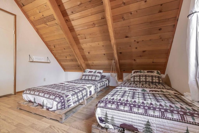 bedroom featuring wooden ceiling, lofted ceiling with beams, and wood-type flooring