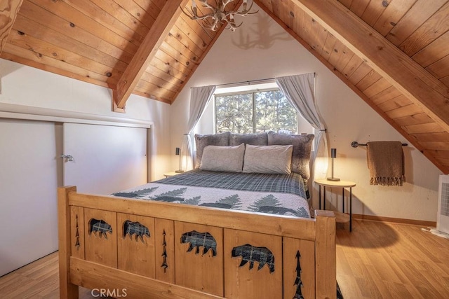 bedroom with wood-type flooring, vaulted ceiling with beams, and wooden ceiling