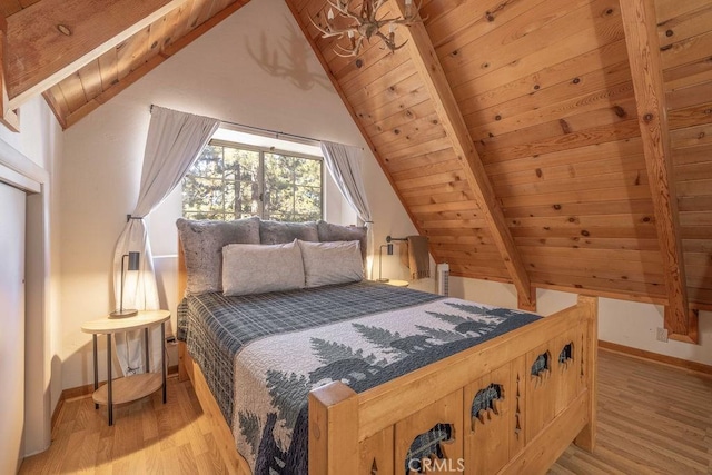 bedroom featuring lofted ceiling with beams, light hardwood / wood-style floors, and wooden ceiling