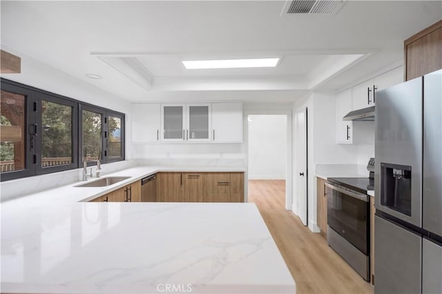 kitchen featuring white cabinets, stainless steel appliances, and a tray ceiling