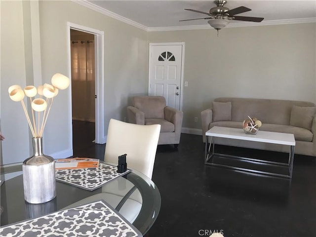 living room with ceiling fan and crown molding