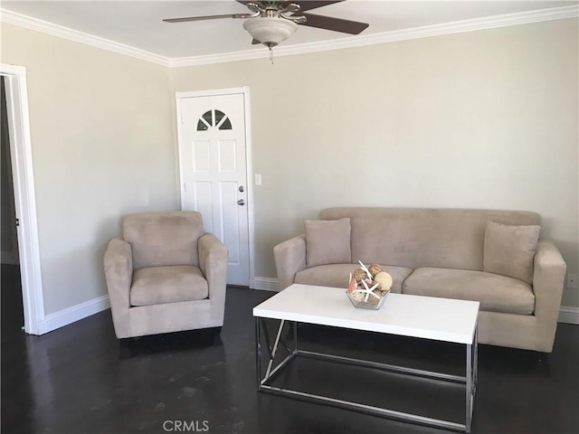 living room featuring ceiling fan and ornamental molding