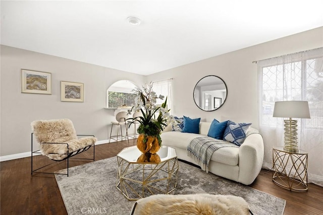 living room with dark hardwood / wood-style floors