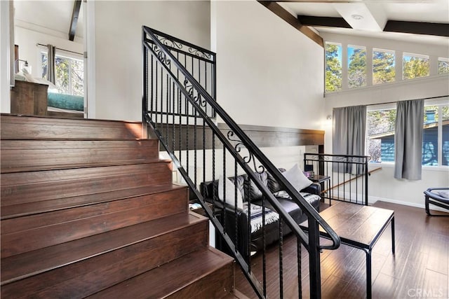 stairway featuring hardwood / wood-style flooring, a wealth of natural light, and lofted ceiling