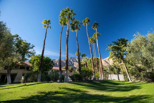 view of community featuring a lawn and a mountain view