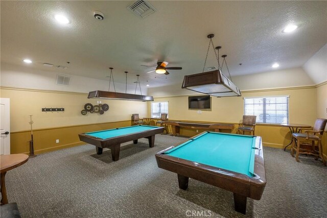 playroom featuring carpet flooring, ceiling fan, billiards, and vaulted ceiling