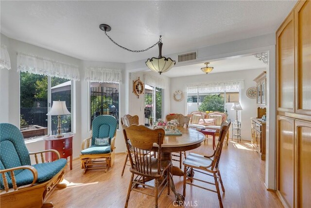 dining space with light wood-type flooring and plenty of natural light