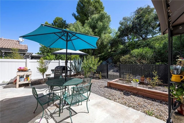 view of patio with outdoor dining area, a fenced backyard, and area for grilling