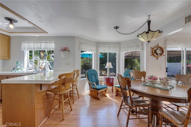 dining room featuring light hardwood / wood-style floors, a textured ceiling, and a notable chandelier