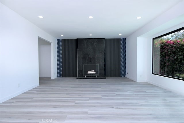 empty room featuring a premium fireplace and light hardwood / wood-style flooring