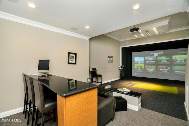 home theater featuring dark colored carpet, golf simulator, and crown molding