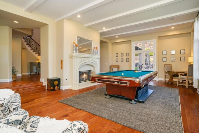 rec room featuring beamed ceiling, wood-type flooring, billiards, and french doors