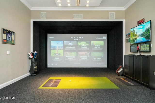 playroom featuring dark carpet, golf simulator, and ornamental molding