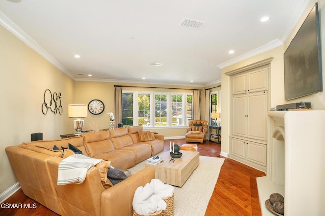 living room with wood-type flooring and crown molding