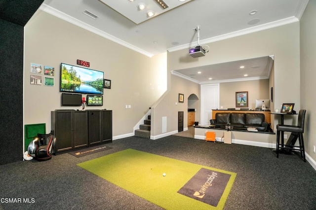 rec room with carpet flooring, golf simulator, and ornamental molding