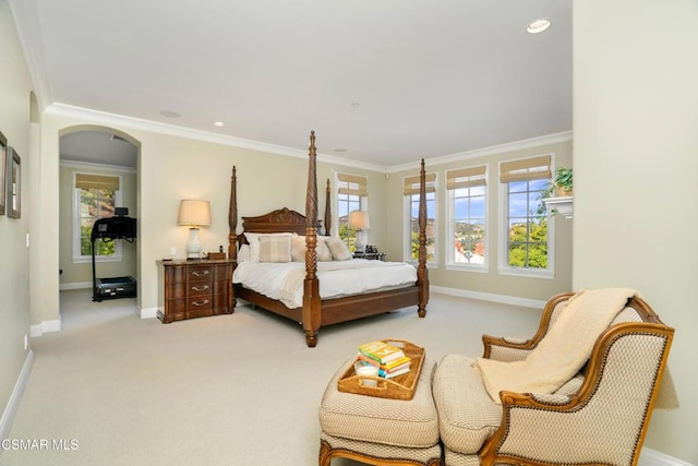 carpeted bedroom featuring ornamental molding