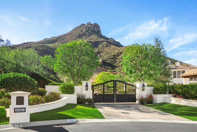 view of gate featuring a mountain view