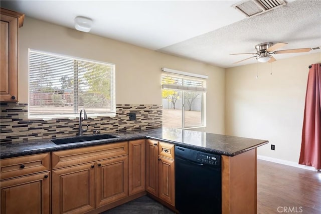 kitchen featuring dishwasher, sink, tasteful backsplash, dark hardwood / wood-style floors, and kitchen peninsula