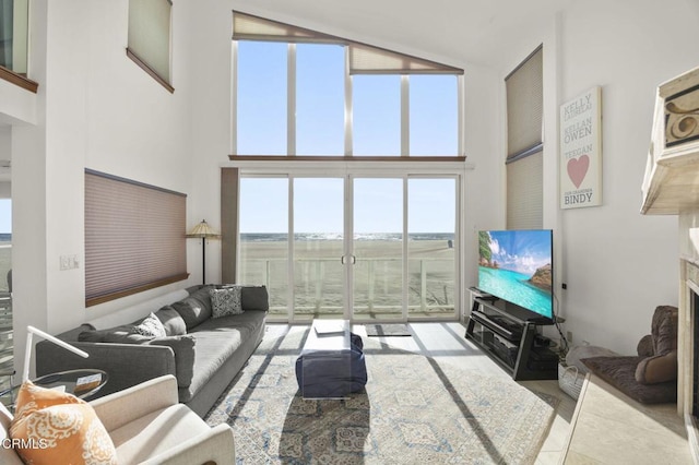 living room with a high ceiling