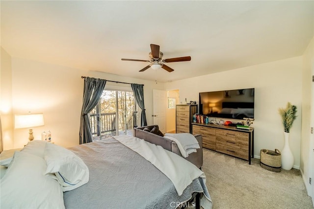 1181 Voltaire Dr, Lake Arrowhead, CA 92352 - bedroom with access to exterior, light colored carpet, and a ceiling fan