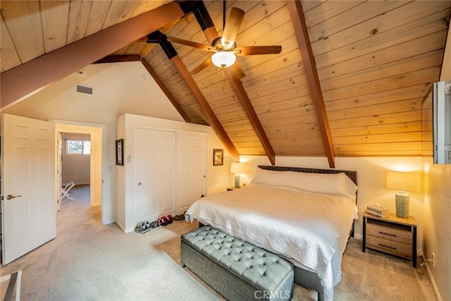 1181 Voltaire Dr, Lake Arrowhead, CA 92352 - bedroom featuring wooden ceiling, light colored carpet, and a closet