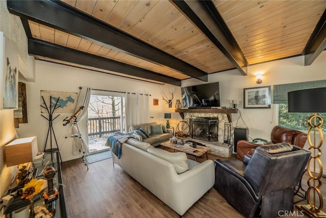 1181 Voltaire Dr, Lake Arrowhead, CA 92352 - living room featuring a fireplace, plenty of natural light, wood finished floors, and a wooden ceiling with exposed beams