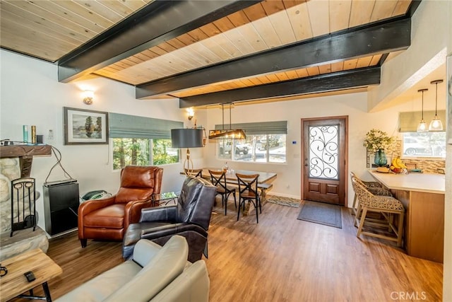 living room with hardwood / wood-style floors, a healthy amount of sunlight, wood ceiling, and beam ceiling