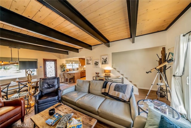 living room featuring beamed ceiling, hardwood / wood-style flooring, and wooden ceiling