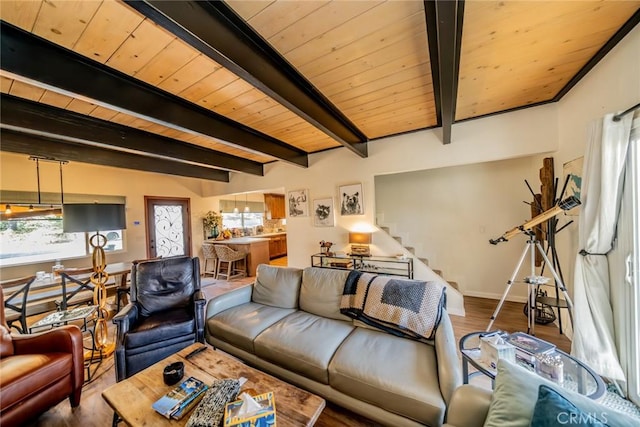 1181 Voltaire Dr, Lake Arrowhead, CA 92352 - living area with wood finished floors, healthy amount of natural light, stairs, and a wood ceiling with exposed beams