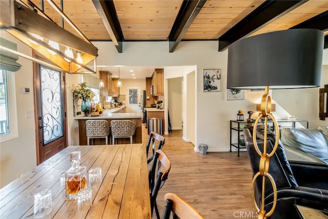 1181 Voltaire Dr, Lake Arrowhead, CA 92352 - dining space featuring light wood finished floors and a wood ceiling with exposed beams