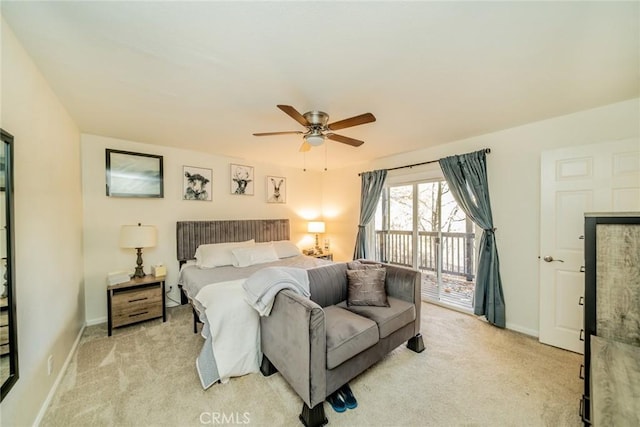 1181 Voltaire Dr, Lake Arrowhead, CA 92352 - bedroom with light carpet, access to outside, and a ceiling fan