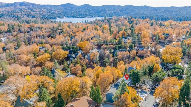 drone / aerial view featuring a water and mountain view